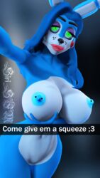 3d 4k blue_hair bonnie_(fnaf) breast_squeeze breasts breasts_out erect_nipples five_nights_at_freddy's furry green_eyes hand_on_breast hi_res huge_breasts humanoid long_hair looking_at_viewer nipple_piercing nipples nose_piercing poster siri_sfm snapchat solo source_filmmaker text thick_thighs toy_bonnie_(fnaf)