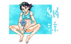 1girls abs aged_up barefoot breasts diamond_is_unbreakable earrings fan feet female fit_female human ice_pop jojo's_bizarre_adventure legs_apart light-skinned_female light_skin looking_at_viewer muscular_female panties petite purple_eyes purple_hair saradaver shizuka_joestar shizuka_joestar_no_kimyou_na_nichijou short_hair shounen_jump sitting small_breasts sports_bra sunglasses_on_head sweat tomboy