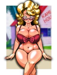 1girls bedaxe bikini blonde_hair breasts cleavage curvy dr._slump dragon_ball female glasses human kame_house large_breasts light-skinned_female light_skin long_hair looking_at_viewer midori_yamabuki navel sitting teacher wide_hips