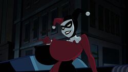 batman_(series) clothed_female dc_comics edit erect_nipples erect_nipples_under_clothes harley_quinn harley_quinn_(classic) huge_breasts hyper_breasts pointing pointy_breasts pointy_nipples screenshot screenshot_edit skinny thin_waist woot