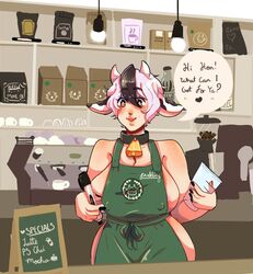 animal_ears apron big_breasts breasts busty cow_bell cow_horns hourglass_figure iced_latte_with_breast_milk large_breasts meme nude_apron sideboob tagme waitress waitress_uniform wide_hips