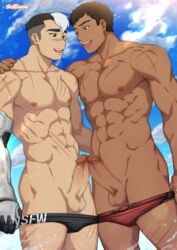 2boys abs asian asian_male bara beach black_male_swimwear brown_hair censored clothes_writing clothing_aside cross_scar crossover davion dota:_dragon's_blood dota_(series) dota_2 dragon_knight_(dota) erection eye_contact frottage hand_on_another's_shoulder interracial large_pectorals looking_at_another male_focus male_only male_swimwear mosaic_censoring multicolored_hair multiple_boys multiple_penises muscular muscular_male navel nipples pectorals penis penises_touching prosthesis prosthetic_arm pulled_by_self red_male_swimwear reward_available scar scar_on_arm scar_on_chest scar_on_face scar_on_leg scar_on_nose short_hair side_cut sideburns smile stomach suiton swim_briefs swimsuit swimsuit_aside takashi_shirogane tan-skinned_male tan_skin thick_eyebrows thighs topless_male two-tone_hair undercut voltron voltron:_legendary_defender water yaoi