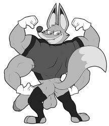 1boy 4_arms anthro balls ben_10 bottomless canid canine cartoon_network clothed clothing concupisco fangs flexing foreskin fox genitals gloves handwear hi_res humanoid_genitalia humanoid_penis hyper legwear male male_focus male_only mammal monochrome multi_arm multi_limb muscular muscular_anthro muscular_male penis retracted_foreskin shirt simple_background smile solo solo_focus stirrup_legwear stockings thigh_highs toony topwear uncircumcised xingo