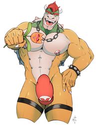 5_fingers absurd_res anthro arts_of_indiego blood bodily_fluids bowser bracelet chain_necklace claws clothing eyebrows fingers flower hair hat headgear headwear hi_res horn jewelry koopa male male_only mario_(series) muscular muscular_anthro muscular_male nintendo nipple_piercing nipples nosebleed pecs piercing plant red_hair reptile scalie shell simple_background solo spiked_bracelet spiked_shell spikes spikes_(anatomy) super_mario_bros. teeth video_games white_background