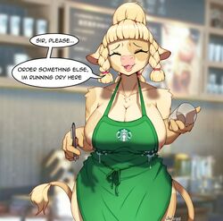 anthro apron big_breasts breasts busty cow_girl hourglass_figure iced_latte_with_breast_milk large_breasts meme nude_apron sideboob tagme waitress waitress_uniform wide_hips