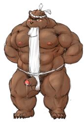 2015 anthro asian_clothing barazoku blush bodily_fluids brown_bear clothing east_asian_clothing edit erection foreskin front_view fundoshi genital_fluids genitals grizzly_bear hachimaki hands_behind_back hi_res humanoid_genitalia humanoid_penis japanese_clothing kemono kotobuki male mammal muscular muscular_anthro muscular_male obese obese_anthro obese_male overweight overweight_anthro overweight_male penis poking_out precum simple_background solo standing uncensored uncut underwear undressing ursid ursine white_background white_clothing white_underwear