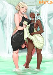 2futas ball_fondling balls barefoot big_balls big_breasts blonde_hair breast_grab breasts cliff clothed_futanari dark-skinned_futanari dark_skin dress duo earrings elf elf_ears elves erect_nipples erection erection_under_clothes futa_on_futa futa_only futa_sans_balls futanari handjob hot_spring humanoid humanoid_penis larger_futanari light-skinned_futanari light_skin long_hair looking_at_viewer mint_hair neone-x open_mouth pale_skin penis penis_grab penis_size_difference penis_under_dress pleasure_face pointy_ears sequence size_difference smaller_futanari standing tree water waterfall