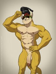 2021 abs absurd_res anthro balls bara barazoku biceps big_muscles big_penis bowser clothing eyebrows eyewear facial_piercing flaccid genitals grey_background hair hand_on_hip hat headgear headwear hi_res holding_clothing holding_hat holding_headgear holding_headwear holding_object horn humanoid_genitalia humanoid_penis koopa leather leather_daddy leather_hat looking_at_viewer male male_focus male_only mario_(series) mickey_the_retriever muscular muscular_anthro muscular_male navel nintendo nipples nose_piercing nose_ring nude obliques pecs penis piercing scalie simple_background smile smirk solo standing sunglasses vein video_games