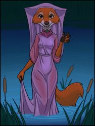 anthro breasts canid canine clothed clothing digital_media_(artwork) disney female fox hi_res lichfang looking_at_viewer maid_marian mammal mostly_nude navel nipple_outline outside pawpads robin_hood_(disney) smile solo translucent translucent_clothing water