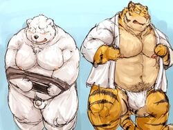 2015 anthro asian_clothing barazoku belly big_belly blush clothed clothing duo east_asian_clothing edit felid flaccid foreskin front_view fundoshi genitals humanoid_genitalia humanoid_penis japanese_clothing kemono kotobuki looking_at_another male mammal muscular obese open_clothing open_shirt open_topwear overweight pantherine partially_retracted_foreskin penis polar_bear shirt simple_background standing tiger topwear uncensored uncut underwear undressing ursid ursine white_clothing white_underwear