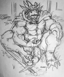 after_masturbation anthro bodily_fluids caught cum cum_on_hand dragon genital_fluids genitals invalid_tag looking_at_viewer madboart male melee_weapon monochrome muscular penis solo sweat sweatdrop sword warrior weapon