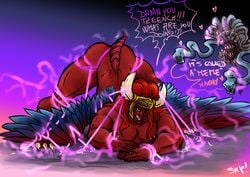 1boy ass bara bara_tiddies bara_tits chaos_(warhammer) clawed_toes horns jack-o_pose jackochallenge long_hair long_hair_male magnus_the_red male_focus muscular muscular_male nipple_piercing nipples primarch red_hair red_skin rope solo_male sxpaiscia tail text thousand_sons tzeentch warhammer_(franchise) warhammer_40k wings