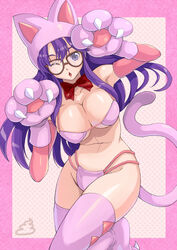 1girls 2011 android animal_ears arale_norimaki bikini bowtie breasts cat_girl cat_tail claws cleavage curvy dr._slump female glasses kiyoko3sai large_breasts light-skinned_female light_skin long_hair paw_pose purple_hair robot standing tail thighhighs wide_hips