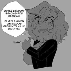 big_breasts collar dialogue estella_comics female female_only funny huge_breasts humor latina looking_at_viewer mannyestella monochrome mrestella not_porn selena_vazquez simple_background smile spanish_text spiked_collar talking_to_viewer text