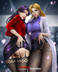 2girls ass blonde blonde_hair breasts clothed clothing female female_only glasses goatwillow large_breasts milf misato_katsuragi multiple_girls neon_genesis_evangelion panties panties_under_pantyhose pantyhose purple_hair realistic ritsuko_akagi skirt skirt_lift slanted_eyes smoking stockings thick_thighs thighhighs