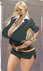 1girls 2021 absurd_res aqua_eyes artist_name artist_signature belt_buckle belt_skirt big_breasts black_eyeshadow blonde_eyebrows blonde_hair blouse breasts bursting_breasts cleavage collared_shirt curvaceous curvy curvy_female dark_elf dark_skin earrings elf erect_nipples erect_nipples_under_clothes eyebrows eyelashes eyeshadow facing_viewer female female_focus female_only fingernails gold gold_belt gold_bracelets gold_buckle gold_jewelry gold_nail_polish gold_nails gold_necklace gold_rings green_jacket green_microskirt green_miniskirt grey_background hand_on_hip hi_res high_resolution highres huge_breasts huge_eyelashes jacket jewelry lips lipstick long_fingernails long_pointy_ears looking_at_viewer lots_of_jewelry makeup mascara microskirt miniskirt multiple_earrings nail_polish nipples nipples_visible_through_clothing no_bra original original_character pencil_skirt plain_background pointy_ears puffy_nipples rolled_up_sleeves shiny shiny_skin shirt signature simple_background skirt solo sparkles sparkling tatsunami_youtoku very_long_ears waist_belt white_shirt wide_hips year