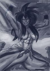 1girls abs angry armpits baggy_pants bangs biceps boulder bracers breasts broly broly_(dragon_ball_super) clenched_teeth dark_hair dragon_ball dragon_ball_super female female_only hair_between_eyes hair_over_breasts large_breasts lifting looking_to_the_side monochrome muscles muscular_female navel nire pants rule_63 saiyan scar solo spiky_hair topless