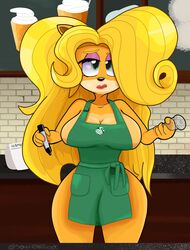 apron big_breasts breasts busty crash_(series) crash_bandicoot_(series) hourglass_figure iced_latte_with_breast_milk large_breasts meme nude_apron sideboob tagme tawna_bandicoot waitress waitress_uniform wide_hips