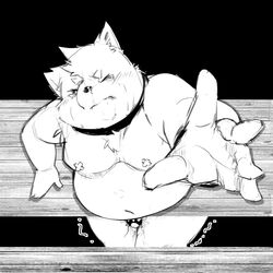 1:1 2021 anthro belly canid canine closed_eyes humanoid_hands kemono male mammal monochrome moobs navel overweight overweight_male solo stuck yimingsama young