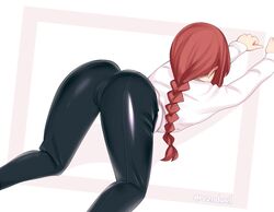 1girls ass ass_focus ass_up big_ass braided_hair cameltoe chainsaw_man female fully_clothed makima_(chainsaw_man) red_hair rezodwel solo thighs tight_clothing