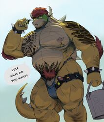 absurd_res anthro arm_tattoo bara big_pecs bowser bracelet bucket chains clothing container dialogue eruprior hair hairy hi_res horn jewelry koopa male male_focus male_only mario_(series) multicolored_body musclegut muscular muscular_anthro muscular_male nintendo nipple_piercing nipples pecs piercing pubes pubic_tattoo red_hair scalie shell solo speech_bubble speedo spiked_bracelet spiked_shell spikes spikes_(anatomy) swimwear talking_to_viewer tattoo video_games