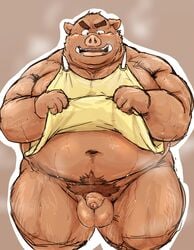 anthro apron armpit_hair belly big_belly blush bodily_fluids body_hair clothing edit hi_res kotobuki male mammal overweight overweight_anthro overweight_male simple_background solo solo_male suid suina sus_(pig) sweat uncensored wild_boar