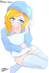 2:3 :3 big_penis blonde_hair blue_clothing blue_eyes blue_footwear blue_pajamas blue_socks blue_thigh_highs blue_thigh_socks blush clothing colored dated embarrassed flaccid footwear genitals hair hat headgear headwear hi_res hugging_object hugging_pillow human knock-kneed legwear male male_focus male_only mammal not_furry pajamas penis pillow shaded smile socks solo texaaa thigh_gap thigh_highs thigh_socks white_body white_skin