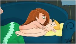 1boy 1girls blonde_hair blush canon_couple convenient_censoring couch disney disney_channel freckles green_eyes hotrod2001 kim_possible kimberly_ann_possible looking_at_partner lying_on_person male nude_underneath red_hair romantic ron_stoppable smile straight vanilla wholesome