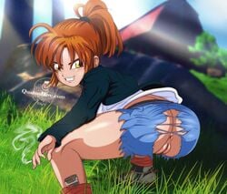 1girls akane_kimidori anus ass breasts brown_hair dr._slump female green_eyes human jacket light-skinned_female light_skin looking_at_viewer outdoors ponytail pussy qualonhive ripped_pants short_hair shorts solo torn_clothes