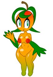 anthro breasts female female_focus female_only flora_fauna fruit fruit_humanoid green_eyes looking_at_viewer mango mango_(fruit) naked navel nipples nude nude_female nudity open_mouth open_smile plant plant_humanoid plantie pussy red_nipples screwroot solo solo_female solo_focus tagme waving white_background yellow_body