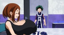 1boy 1boy1girl 1girls akkyon big_breasts black_clothing boku_no_hero_academia breast_expansion breasts breasts_bigger_than_head breasts_focus breasts_on_table brown_hair cleavage deku edit female female_focus green_eyes green_hair huge_breasts hyper_breasts izuku_midoriya large_breasts light-skinned_female light-skinned_male light_skin looking_down male midoriya_izuku my_hero_academia ochako_uraraka screenshot_edit short_hair teenager u.a._gym_uniform uraraka_ochako