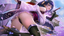 ass beauty_mark breasts cameltoe genshin_impact japanese_clothes large_breasts mole mole_under_eye panties pussy raiden_shogun semi-realism thick_ass thick_thighs thighhighs windwalker