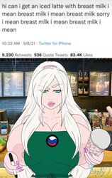 apron big_breasts breasts busty heterochromia hourglass_figure iced_latte_with_breast_milk large_breasts meme nude_apron sideboob tagme waitress waitress_uniform white_hair wide_hips