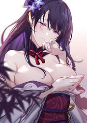 barely_clothed beauty_mark blush breasts genshin_impact japanese_clothes large_breasts mole mole_under_eye purple_eyes purple_hair raiden_shogun sweat xion32