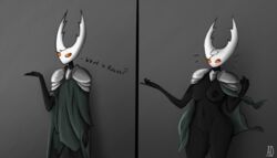 anthro armor arthropod black_body black_nipples black_skin breasts clothing coat female gender_transformation genitals hi_res hollow_knight hollow_knight_(character) insects male motley_ad mtf_transformation nipples nude rule_63 solo team_cherry topwear transformation video_games white_face