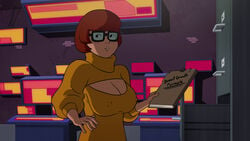 cleavage cleavage_cutout edit folder glasses hanna-barbera nipple_bulge no_bra pokies scooby-doo screenshot_edit short_hair text third-party_edit velma_dinkley woot