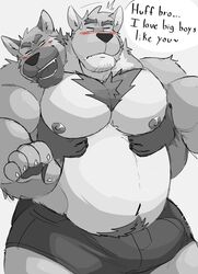 2021 absurd_res anthro belly blush bulge canid canine canis clothed clothing duo english_text erection erection_under_clothing hi_res hug hugging_from_behind male male/male male_only mammal moob_grab moobs nipples overweight overweight_male text underwear vitashi wolf