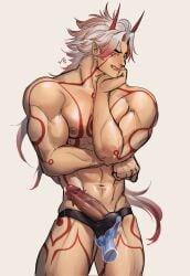 1boy arataki_itto ball_fondling big_biceps biting_lip boner broad_shoulders demon demon_boy disembodied_hand erect_penis erection genshin_impact hard_on himbo horns japanese_mythology long_hair long_hair_male looking_at_viewer male male_only markings muscles muscular muscular_male mythology nipples oni penis_out precum precum_drip red_eyes septembara small_waist solo_focus solo_male spiked_penis spread_legs tattoos testicle_grab thong veiny_penis waevdoodles wallyandpeeps white_hair