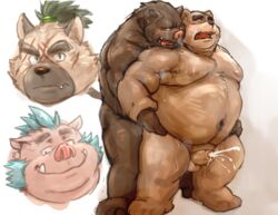 2020 anal anthro belly big_belly bodily_fluids breath brown_body brown_fur canid canine canis cum domestic_dog edit ejaculation fur genital_fluids gouryou hi_res kemono kotobuki male male/male male_only mammal moobs nipples overweight overweight_male sex simple_background stocky suid suina sus_(pig) sweat tokyo_afterschool_summoners tongue tongue_out uncensored ursid video_games white_background wild_boar yasuyori