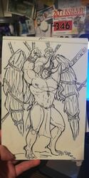 1boy arms_up bara bara_tiddies bara_tits bondage bound bound_wings bound_wrists chaos_(warhammer) clawed_toes daemon_prince horns loincloth long_hair long_hair_male magnus_the_red male male_focus muscular muscular_male nipple_chain nipple_piercing nipples primarch solo_male sxpaiscia thousand_sons traditional_media traditional_media_(artwork) warhammer_(franchise) warhammer_40k wings