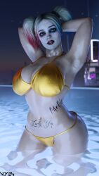 1girls 3d armpits batman_(series) big_ass big_breasts bikini blonde_hair dc dc_comics dyed_hair eyeshadow female female_only gold_bikini harley_quinn harley_quinn_(injustice) hi_res huge_breasts injustice_2 large_breasts lipstick looking_at_viewer makeup multicolored_hair nyes117 pool solo solo_female tattoos twintails two_tone_hair wet wet_body