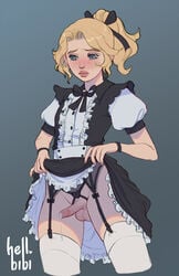 1boy balls blonde blonde_hair crossdressing crossdressing_male embarrassed erect_penis erection femboy garter garter_straps garters girly hair_ribbon hair_up heart hellbibi human leaking leaking_cum leaking_precum legwear lifting_dress light-skinned_femboy light-skinned_male light_skin lingerie looking_embarrased maid maid_dress maid_outfit maid_uniform male male_only painted_nails penis penis_out precum precum_on_penis precum_string presenting presenting_penis showing_penis shy sissy skirt solo solo_male stockings submissive submissive_male thigh_highs thighhighs trap underwear white_legwear