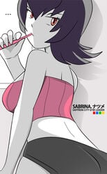 1girls ass black_panties breasts brown_eyes clothing female female_focus female_only game_freak gym_leader looking_at_viewer nintendo panties pokemon pokemon_hgss pokemon_rgby sabrina_(pokemon) sabrina_(pokemon_hgss) shirt short_hair shorts solo_female toothbrush toothbrush_in_mouth vivivoovoo