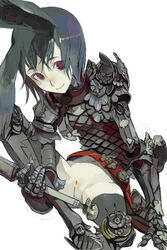 animal_ears armor fakepucco female lance legwear no_panties pointy_chin polearm purple_eyes spear stockings thighhighs weapon