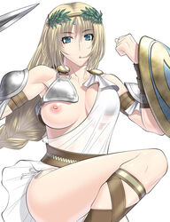 amazon armed armor blonde_hair blue_eyes breasts female female_only human kansuke long_hair looking_at_viewer milf nipples pointy_chin solo sophitia_alexandra soul_calibur sword uncensored weapon