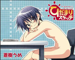 1girls blue_background blue_eyes blush casual chair desk female female_only flat_chest glasses grid_background hidamari_sketch nipples nude nude_female sae short_hair sitting smile