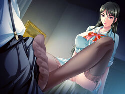 bed big_breasts black_hair bow breasts bulge censored earrings erection exposed_pussy feet femdom footjob footjob_over_clothes footjob_with_legwear game_cg garter_belt garters hayasaka_reiko jewelry kusatsu_terunyo large_breasts lingerie long_hair mosaic_censoring naughty_face on_bed penis perspective purple_eyes pussy sitting source_request suspenders table thighhighs toes underwear yakata_jukujo_~the_immoral_residence~