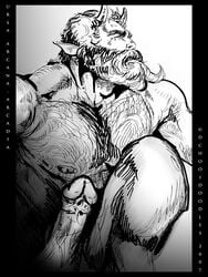 beard boner dchooi deity erection facial_hair hairy horn male male_only monochrome muscular pan_(deity) penis satyr solo tagme