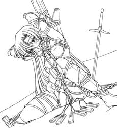 asou_yuuko ball_gag bondage breasts crotch_rope gag gagged monochrome mugen_senshi_valis nipples rope shibari small_breasts spark_utamaro sword tied_up topless valis vibrator weapon