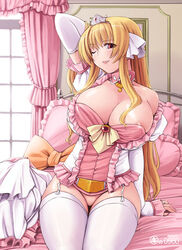 ;p areola_slip areolae arm_up arm_warmers bed blonde_hair breasts cecilia_buruushiea choker cleavage clothing crown curvy elbow_gloves garter_straps gloves hair_over_breasts hat huge_breasts jewelry kei_jiei large_breasts lingerie nipple_slip nipples no_panties payot ring shiawase_na_ohimesama sitting stockings thighhighs tongue underwear white_legwear wink